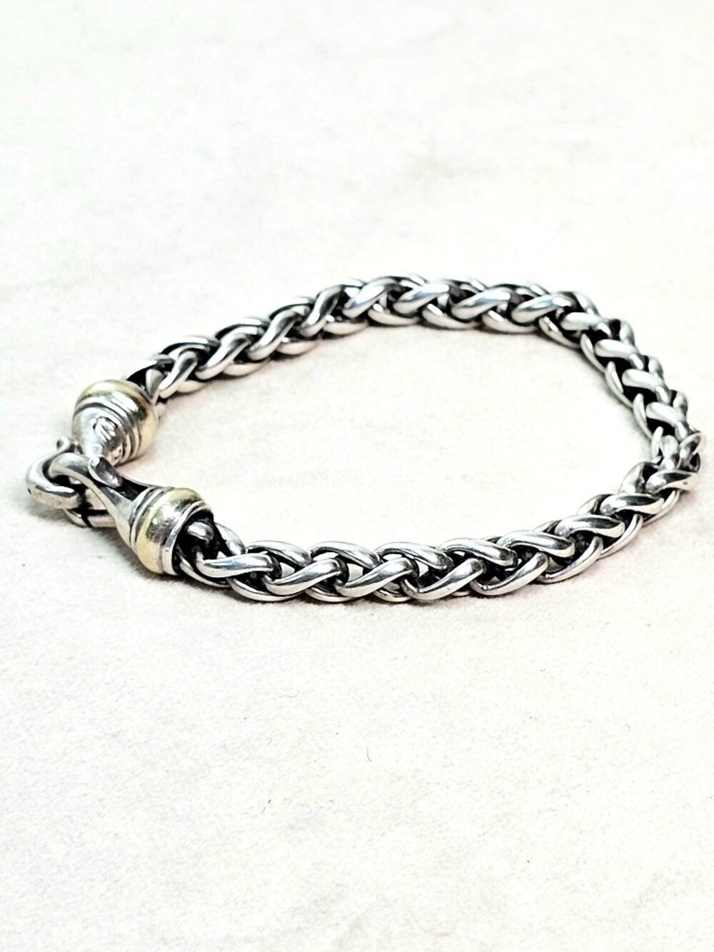David Yurman 6mm Wheat Chain Bracelet Sterling Silver 14k Gold Accent 7.5" Pouch